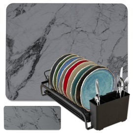 AquaTerra Diatomaceous Earth Drying Mat with Matching Sponge Caddy & Dish Rack | 3-Piece Set (Dark Gray Marble, Large) | Heat-Resistant & Multi-Purpose for Drying and Kitchen Organization
