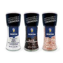 Morton Grinder Set - Himalayan Pink Salt (2.5 oz), Sea Salt (2.5 oz) & Black Peppercorn (1.2 oz), 3-Pack, Adjustable & Refillable Grinders, Perfect for Cooking, Seasoning, and Finishing