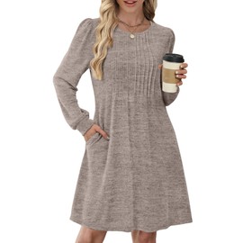 OFEEFAN Womens Fall Dresses 2025 Fashion Long Sleeve Pleated Chocolate Brown Fall Clothes Tunic Sweater Dress Coffee XL