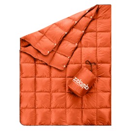zzlamb Lightweight Down Camping Blanket, Puffy Warm Travel Down Throw Quilt, Soft Outdoor Blanket Water-Repellent for Picnic Beach Backpacking, Down Lap Blanket for Couch Plane Car, 50x77in Orange