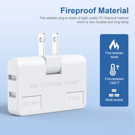 ETwinCoo 3 Way Flat Wall Outlet Extender Safe AC Adapter - 2-Prong Swivel Mini Indoor Wall Tap Plug, Outlet Splitter (Quick & Easy Install) Perfect for Home and Travel, Type A, White (3 Pack)