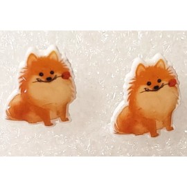 Pomeranian Dog With Red Rose Teeny Tiny Flat Acrylic Stud Earrings Jewelry