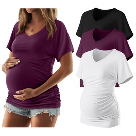 Ficerd 3 Packs Womens Maternity Shirts V Neck Dolman Short Sleeve Loose Side Ruched Tunic Tops Pregnancy Clothes(White, Wine Red, Black,L)