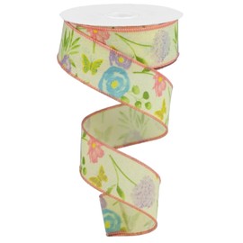Wildflowers, cinta con borde de alambre, 10 yardas, Amarillo, crema, verde, rosa, 3,81cm, 1