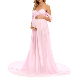 ZIUMUDY Maternity Maxi Chiffon Gown for Photoshoot Photography Off Shoulder Wraped Sheer Chiffon Dress (Pink)