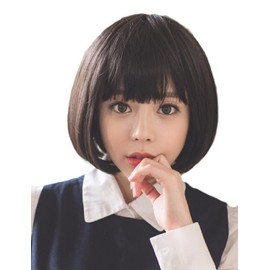 (FUPUONE) Short Wig, Bob, Short, Neat Style, With Net, Smooth, Straight (Black)