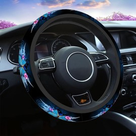 Swono Butterfly and Flower Universal 15" Steering Wheel Covers Abstract Blue Butterfly and Pink Flower Cute Car Steering Wheel Cover for Men Women Girls Car Accessories