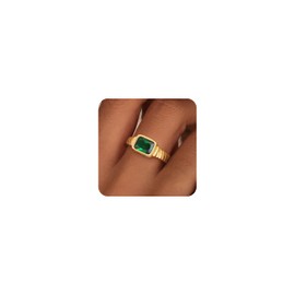 ZHESHY Birthstone Gold Rings for Women Non Tarnish Vintage Gemstone Emerald Green Rings 14K Gold Plated CZ Signet Thumb Band Rings Jewelry Gift for Birthday Size 9
