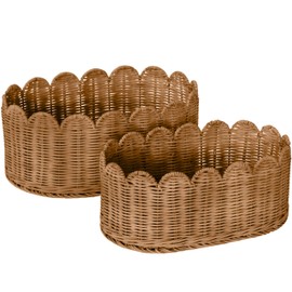 BEBE BASK Premium Scalloped Basket Set Of 2 - Scallop Basket - 16 x 10 x 7 Inch - Hand-Woven Elegant Wicker With Scalloped Edge - Nursery Storage (Mocca)