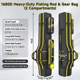 yuzhiyuan Fishing Rod Case & Bag Triple-Layer - 1680D Oxford, Wire-Reinforced Anti-Deforming, Foldable Portable, Quick-Access Compartments, Fishing Gift for Men Anglers