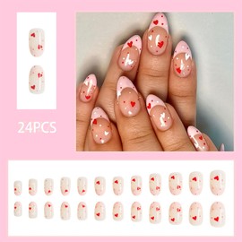 24Pcs Pink French Tip Valentines Day False Nails Almond Medium Press on Nails Red Heart False Nails Acrylic Nails Glossy Stick on Nails DIY Manicure for Women Girls Nails Decor