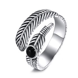 VONALA Feather Ring 925 Sterling Silver Black Onyx Ring Adjustable Opening Ring Jewellery Gifts for Women