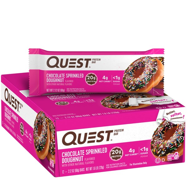 Quest Nutrition Chocolate Sprinkled Doughnut Protein Bars, High Protein, Low Carb, Gluten Free, Keto Friendly, 12 Count