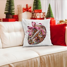 Football Pillow Covers - 18x18, Room Decor, Mom Gifts, Trendy Retro Bow Rugby Ball Design
