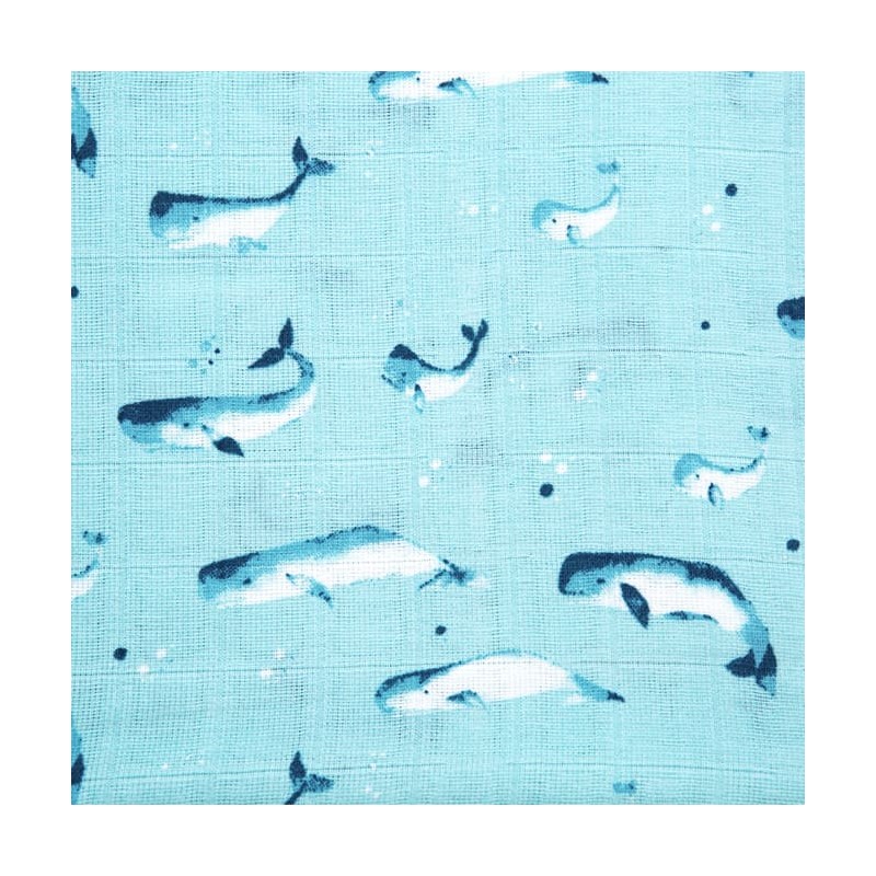 Organic Cotton Muslin Swaddle - Watercolour Whales Aquatic Blue