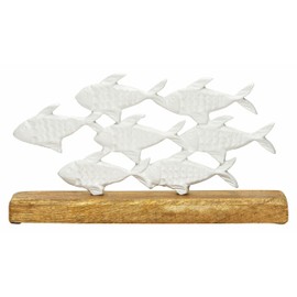 Spetebo Maritime Decorative Stand Fish Shoal – 30 x 16 cm – Metal Fish with Mango Wood Base – Table Decoration Stand Fish on Wooden Stand