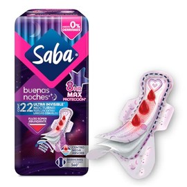 Saba Ultra Invisible Buenas Noches, toallas nocturnas con alas, flujo súper abundante, 22 piezas