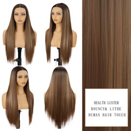 SUKRI 26inch 13X4X1 Highlight Blonde Lace Front Wigs Long Straight Brown Mixed Blonde Synthetic Lace Wigs for Women Daily Party Use