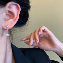 Cimenexe Bohemian Crystal Tennis Dangle Earrings Silver Circle Cz Stud Earrings Long Tennis Chain Drop Earrings Round Rhinestone Chain Earrings Jewelry for Women