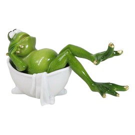Ebros Gift Green Frog with Golden Nails Soaking in Bath Tub While Daydreaming Figurine 7.25" L Amphibian Toads Frogs Pond Rainforest Animal Decorative Sculpture