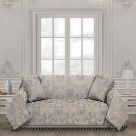 Loom and Mill Luxury Sofa Covers, Classic Damask Jacquard Thick Chenille Couch Cover Furniture Protector with Lace Edge and Handmade Tassels for Pet, Dogs and Cats (Grey, 71x118 inch)