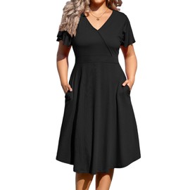 Women's Plus Size V Neck Dress Short Ruffle Sleeve Casual Summer Waistline Tunic Midi Dress with Pockets Black 2XL
