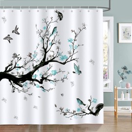 Bonhause Bird Shower Curtain, Watercolor Blue Flower Birds on Tree Branch Bathroom Curtain 72x72 Inch Polyester Fabric Waterproof Bath Curtain with 12 Hooks