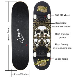 Sefulim 31 x 8 Inch Complete Skateboard 7 Layer Canadian Maple Double Kick Deck Concave Cruiser Trick Skateboard for Boys Girls Teens Adults Beginner