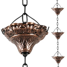 HANAYARD Rain Chain Gutter Downspout Antique Copper Rain Chains for Gutters with 12 Cups, Adjustable Rain Catcher Chain with Bell for Outside Water Diverter Decorative Garden Rain Chimes, 8.5 Ft