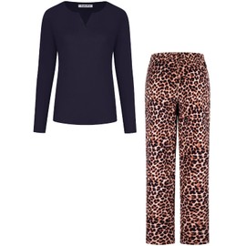 SofiePJ Women's Warm Plush Fleece Plush Fleece Pant Pajama Gift Set with Socks Bedtime Sleeping Relaxing Lounging Home Party Traveling Holiday Set Leopard Tan XL