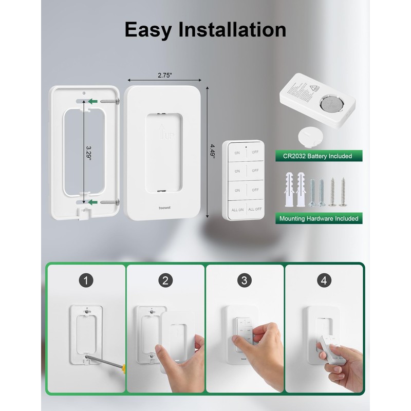 treewell Remote Control Outlet Wireless Wall Mounted Light Switch, Programmable