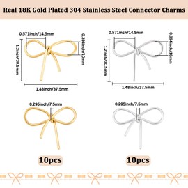 Beebeecraft 20 Pieces 2 Colours Bowknot Link Charms 18K Gold-Plated 304 Stainless Steel Bow Connector Charms for Jewellery Making DIY Crafts Necklace