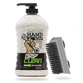 Grip Clean Hand Cleaner for Auto Mechanics, Heavy Duty Pumice Soap & Fingernail Brush, Tool Shop, Garage, Commercial, All Natural, Men, Women, Grit Cleansing, Sensitive Skin - 32oz Pump Top & Brush