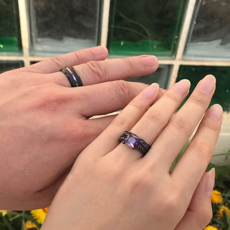 SHELOVES Black Plated Couples Women Purple Wedding Rings Sets His