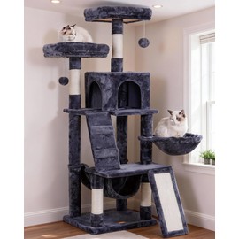 Heybly Cat Tree, Cat Tower for Indoor Cats, Multi-Level Cat Furniture Condo for Cats with Padded Plush Perch, Cozy Basket and Scratching Board, Smoky Gray HCT014G