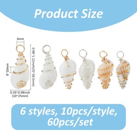 SUPERFINDINGS 60Pcs 6 Styles Conch Seashell Charms Spiral Beach Shell Pendants Gold Silvery Wire Wrapped Natural Shell Charms Cowrie Shells Ocean Charm for DIY Jewelry Making Necklaces Keychains