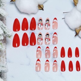 JUSTUSNX 24pcs Elliptic Christmas Fake Nails Red Long False Nails Snowflake Christmas Hat Press on Nails for Women and Girls (A)