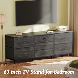 Huuger Dresser for Bedroom, 63 Inch Dresser TV Stand for 55, 65, 70 Inch TV, Long Dresser, Fabric Dresser, TV Stand with 7 Drawers, Dresser for Closet, Clothing, Charcoal Black Wood Grain Print
