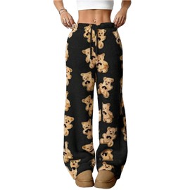 ZAFUL Women's Fuzzy Plush Pajama Pants Drawstring Elastic Waist Wide Leg Teddy Pj Bottoms Lounge Pants Black Bear S