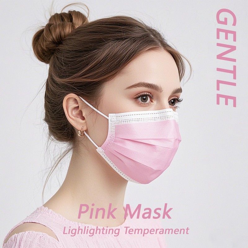 Generic 50 Pack Pink Disposable Face Mask for Adults, Solid