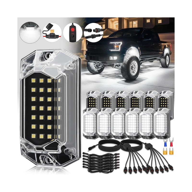 12Pods Full Angle All Pure White LED Rock Lights Full