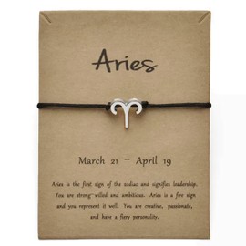 Silver Star Sign Black Rope Pendant Bracelet - Aries (21st March - 19th April) - Zodiac Constellation Horoscope Celestial Astrology Jewellery - Women Men Gift