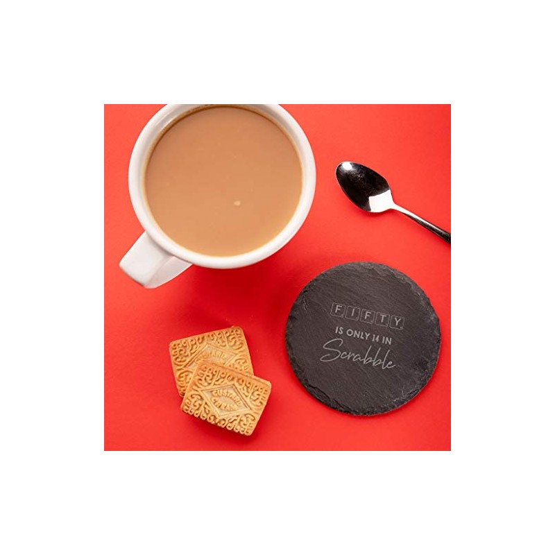 "Fifty Is Only 14 In Scrabble" Engraved Slate Coaster -