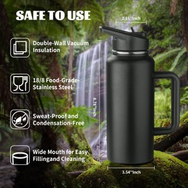 32oz Insulated Water Bottle with Handle, Stainless Steel Sports Metal Water Flask with Straw & 2 Leak Proof Lids, Double Walled Vacuum Wide Mouth Water Bottle for Travel, Camping, Gym Sports (Black)