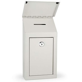 Metal Donation Box Charity Steel Collection Box Office Suggestion Box Secure Box With Top Slot and Lock with Keys Wall Mount with pre drilled holes 10x6x2.5" waterproof mailbox for Home Office(White)