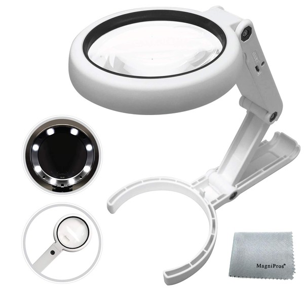 Magnifying Glass with 8 LED Lights, Handsfree Magnifier, [5X+11X] Dual Magnification Lens, Gentle & Bright Light Settings- Ideal for Reading Books, Jewlery, Coins, Craft & Hobbies