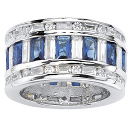 PalmBeach Silvertone Baguette Cubic Zirconia and Emerald Cut Simulated Blue Sapphire Ring Sizes 7-12 Size 7