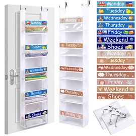 Yoojahow 2 Pack 5 Shelf Weekly Clothes Organizer for Kids Over The Door Hanging Storage Monday Through Friday Heavy Duty Clothes Organization for Bathroom Nursery Bathroom Kitchen(White)