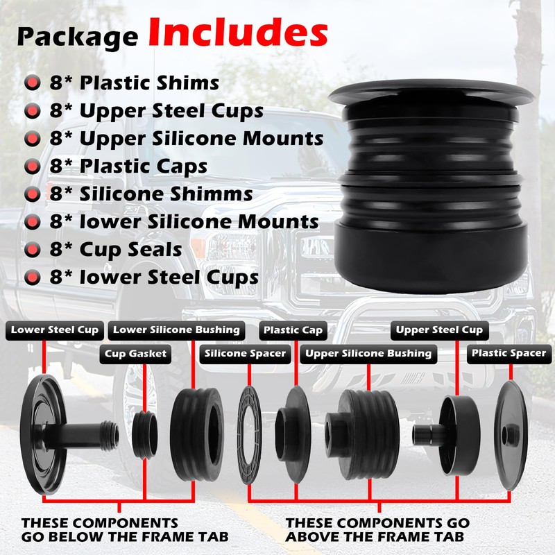 KF04060BK 8-Piece Superior Silicone Cab Mount Bushings Kit for Ford