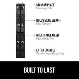 GORILLA GRIP Over the Door Shoe Organizer, 12 Large Breathable Mesh Pockets, Space Saving Hanging Storage Holder, 2 Hook Closet Rack Hanger, Hangs on Closets for Shoes, Accessories, 64H x 9.5W Black